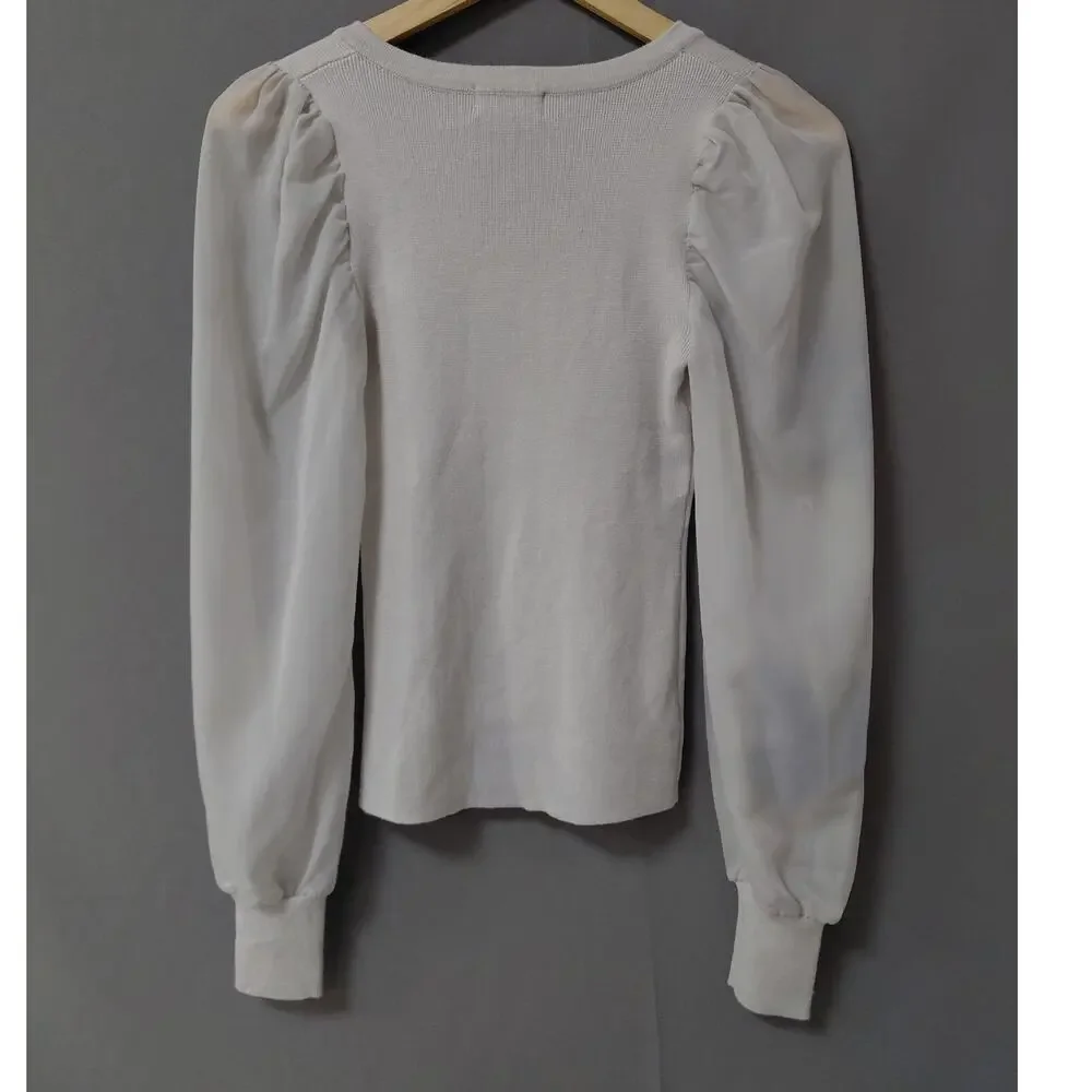 NWT Carmen Marc Valvo Ivory Satin Knit Stretch Puff Sleeve Top Women Size XS - Picture 3 of 13